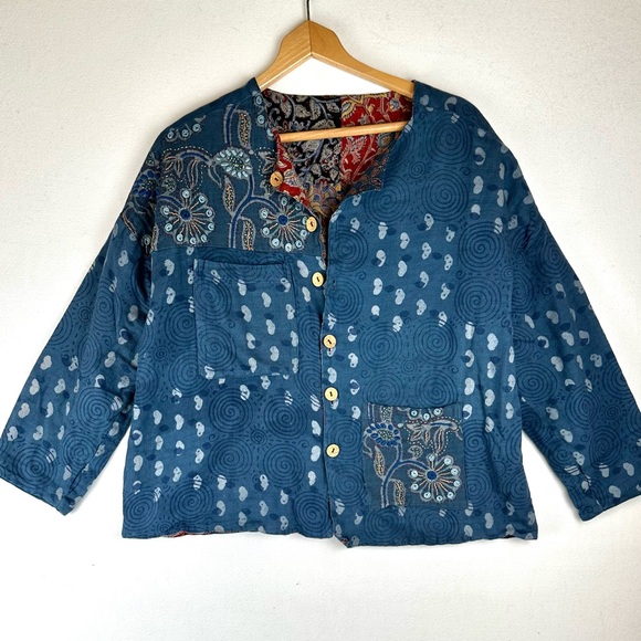 Reversible Button Up Patchwork & Embroidered Jacket Lightweight Office - Picture 1 of 13